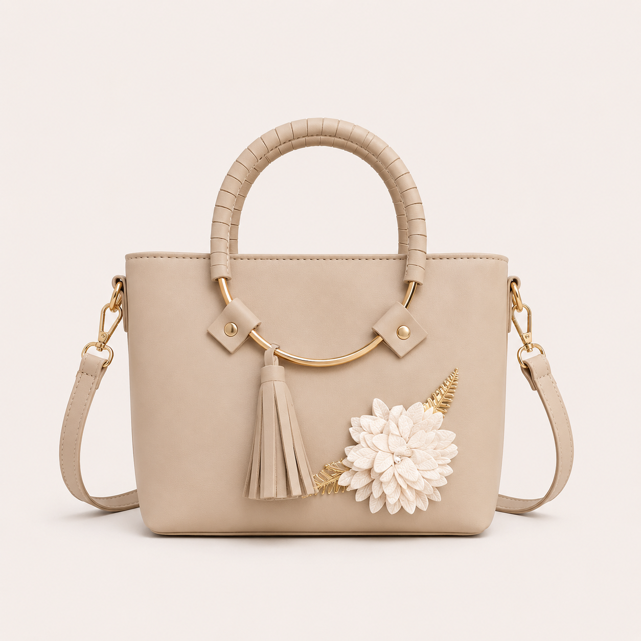 Elegant Sage Green Floral Tote Bag with Gold Handle & Shoulder Strap