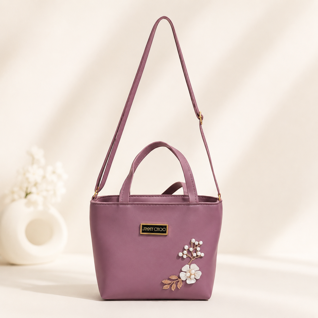 Elegant Mauve Mini Tote Bag with Pearl Floral Design for Women