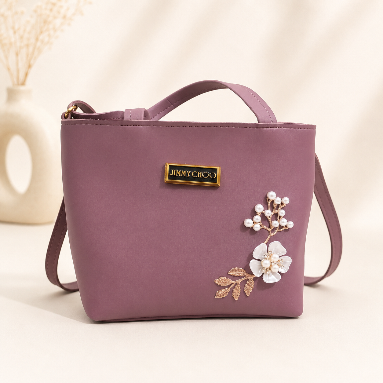 Elegant Mauve Mini Tote Bag with Pearl Floral Design for Women