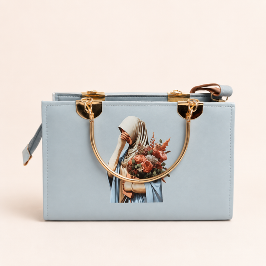 Elegant Sky Blue Floral Lady Print Handbag for Women | Premium Shoulder & Tote Bag