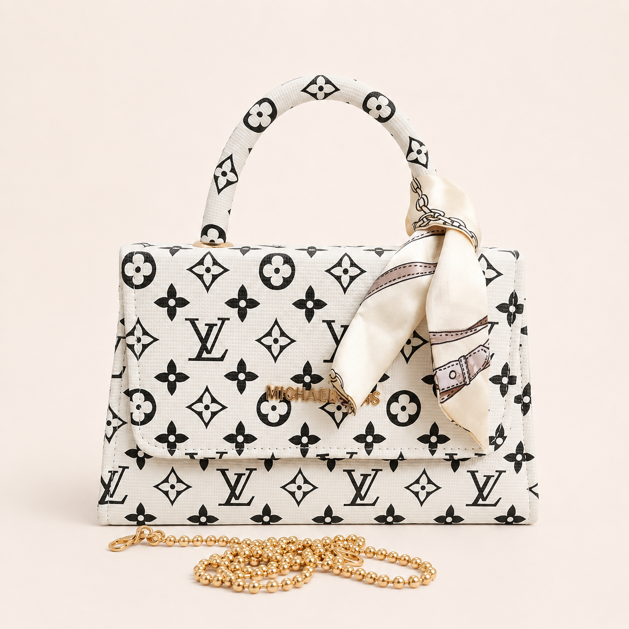 Luxury Monogram Mini Handbag for Women – Elegant White Crossbody Purse with Silk Scarf & Gold Chain