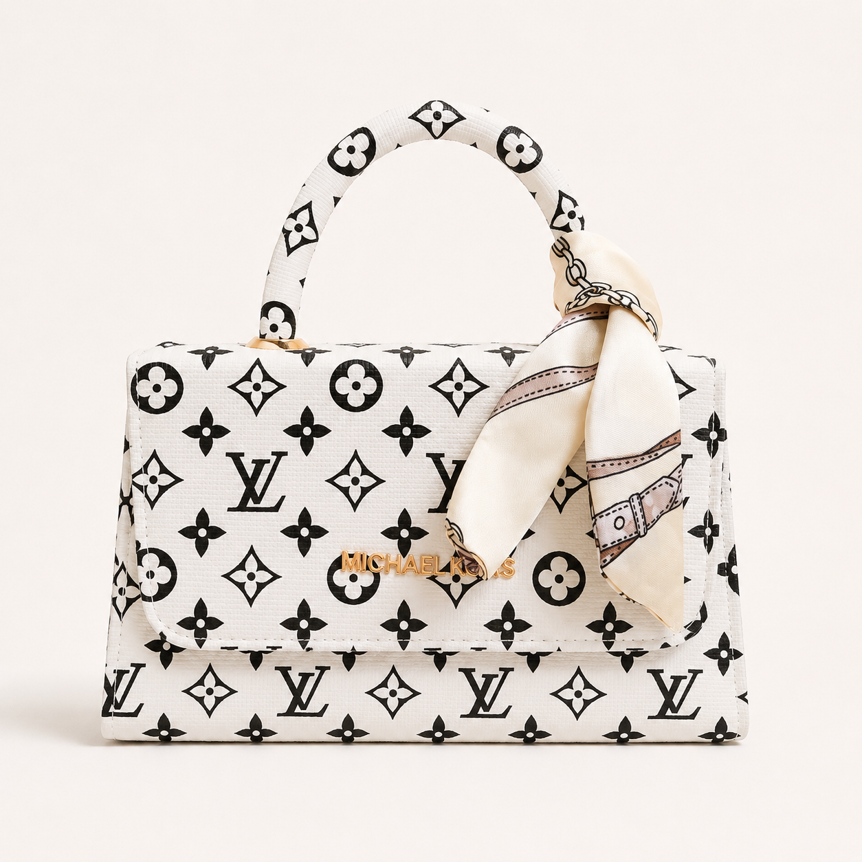 Luxury Monogram Mini Handbag for Women – Elegant White Crossbody Purse with Silk Scarf & Gold Chain