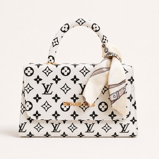 Luxury Monogram Mini Handbag for Women – Elegant White Crossbody Purse with Silk Scarf & Gold Chain