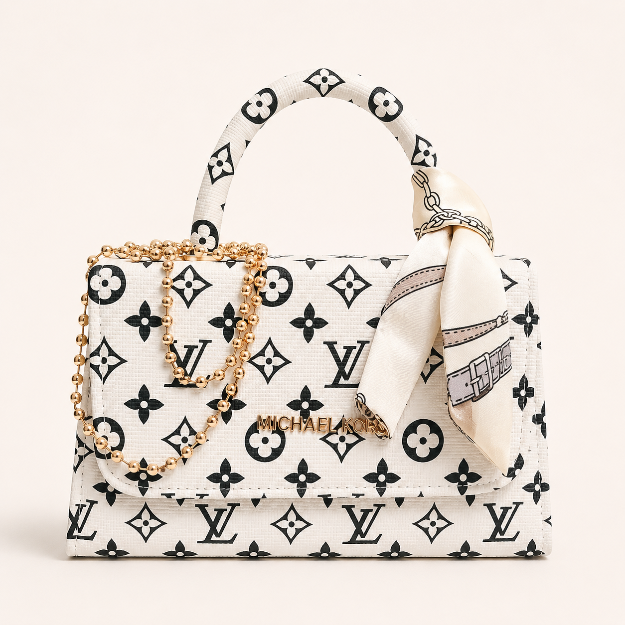 Luxury Monogram Mini Handbag for Women – Elegant White Crossbody Purse with Silk Scarf & Gold Chain