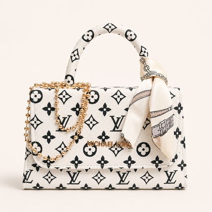 Luxury Monogram Mini Handbag for Women – Elegant White Crossbody Purse with Silk Scarf & Gold Chain