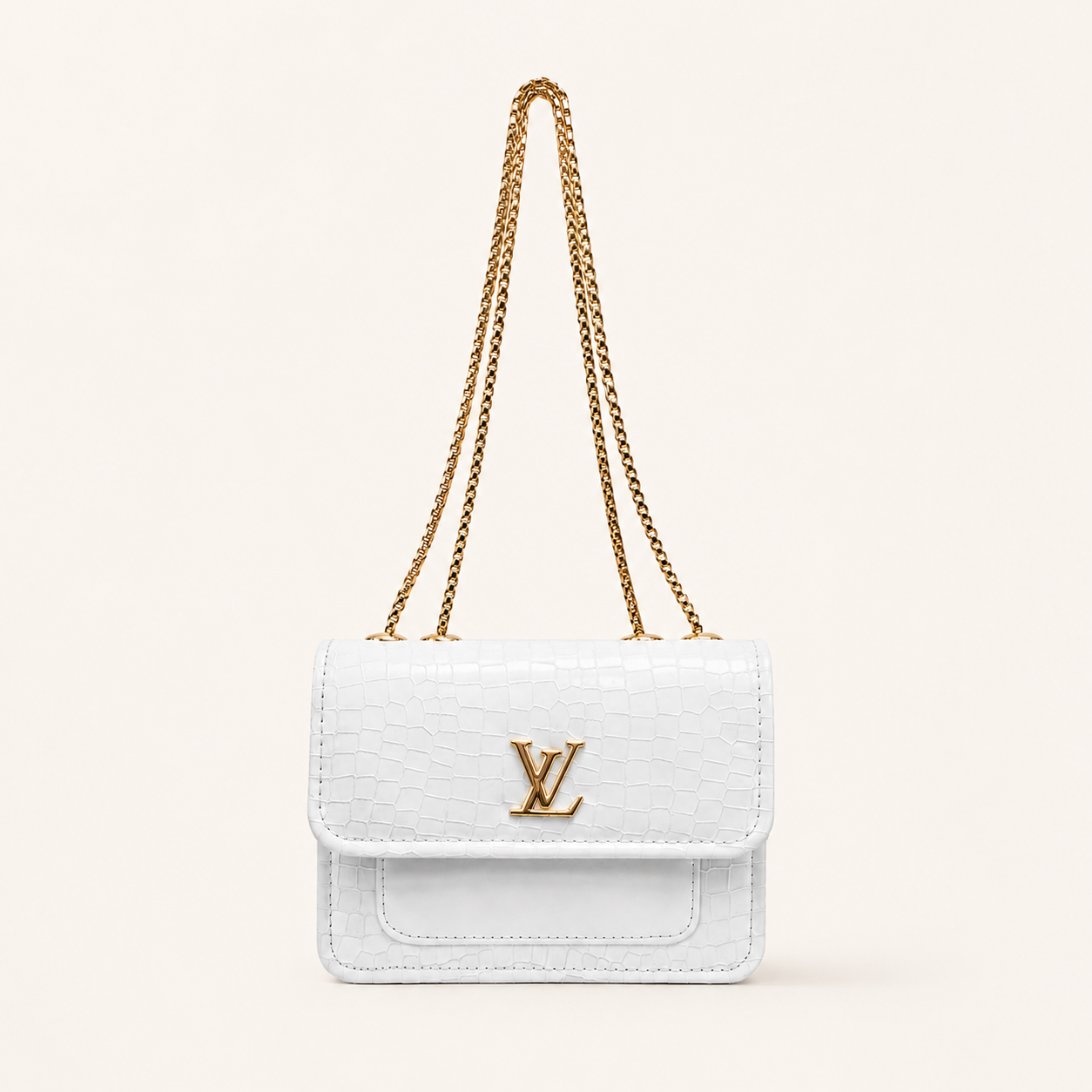 Luxury White Croc Texture Shoulder Bag with Gold Chain for Women