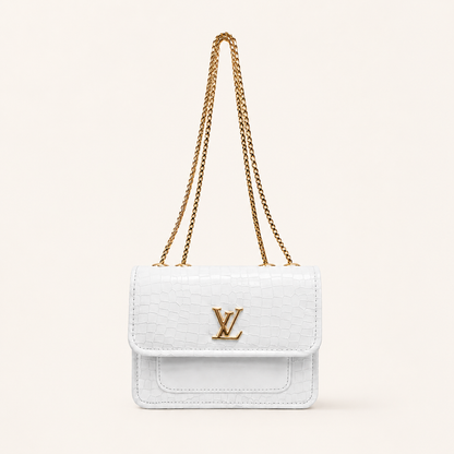 Luxury White Croc Texture Shoulder Bag with Gold Chain for Women