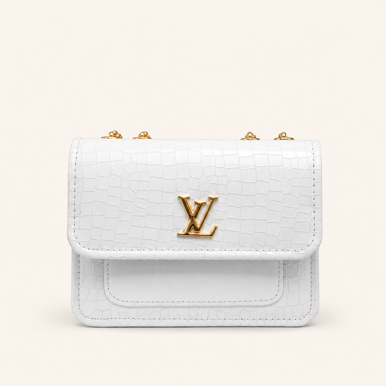 Luxury White Croc Texture Shoulder Bag with Gold Chain for Women