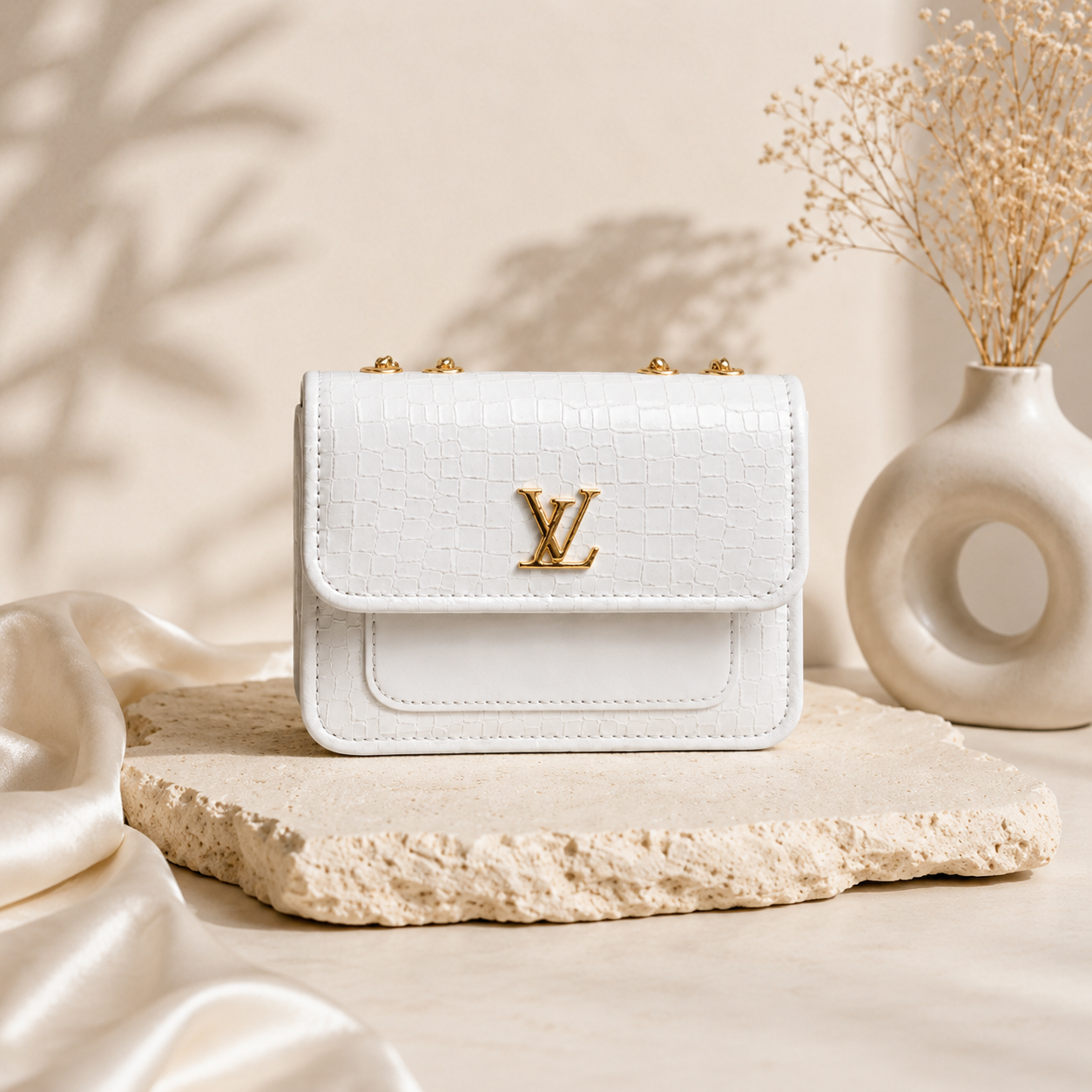 Luxury White Croc Texture Shoulder Bag with Gold Chain for Women