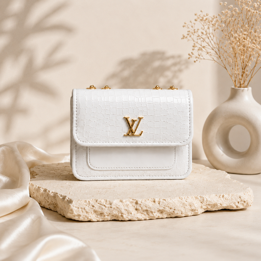 Luxury White Croc Texture Shoulder Bag with Gold Chain for Women