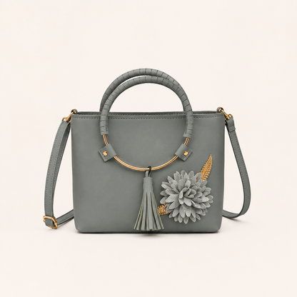 Elegant Sage Green Floral Tote Bag with Gold Handle & Shoulder Strap