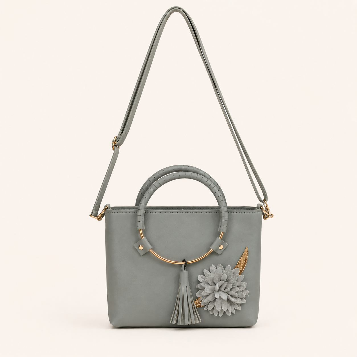 Elegant Sage Green Floral Tote Bag with Gold Handle & Shoulder Strap