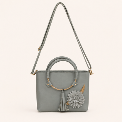 Elegant Sage Green Floral Tote Bag with Gold Handle & Shoulder Strap