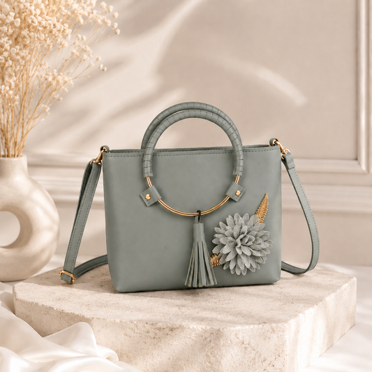 Elegant Sage Green Floral Tote Bag with Gold Handle & Shoulder Strap