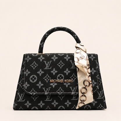 Luxury Black Monogram Handbag with Gold Chain & Silk Scarf for Women