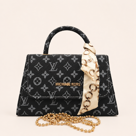 Luxury Black Monogram Handbag with Gold Chain & Silk Scarf for Women