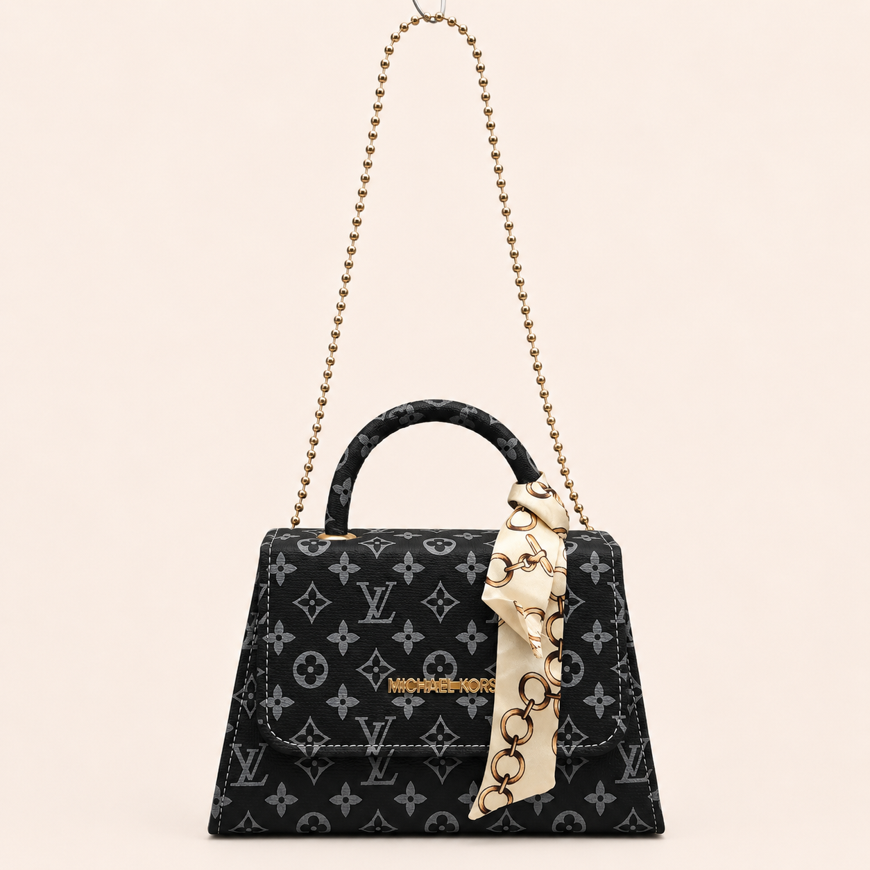Luxury Black Monogram Handbag with Gold Chain & Silk Scarf for Women