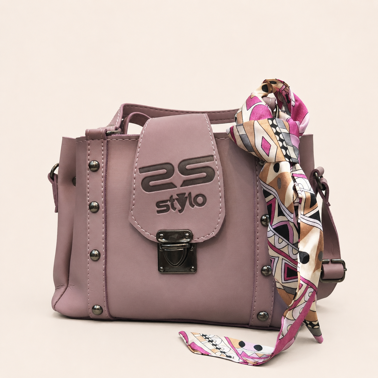 Elegant Pink Mini Shoulder Bag with Printed Silk Scarf for Women