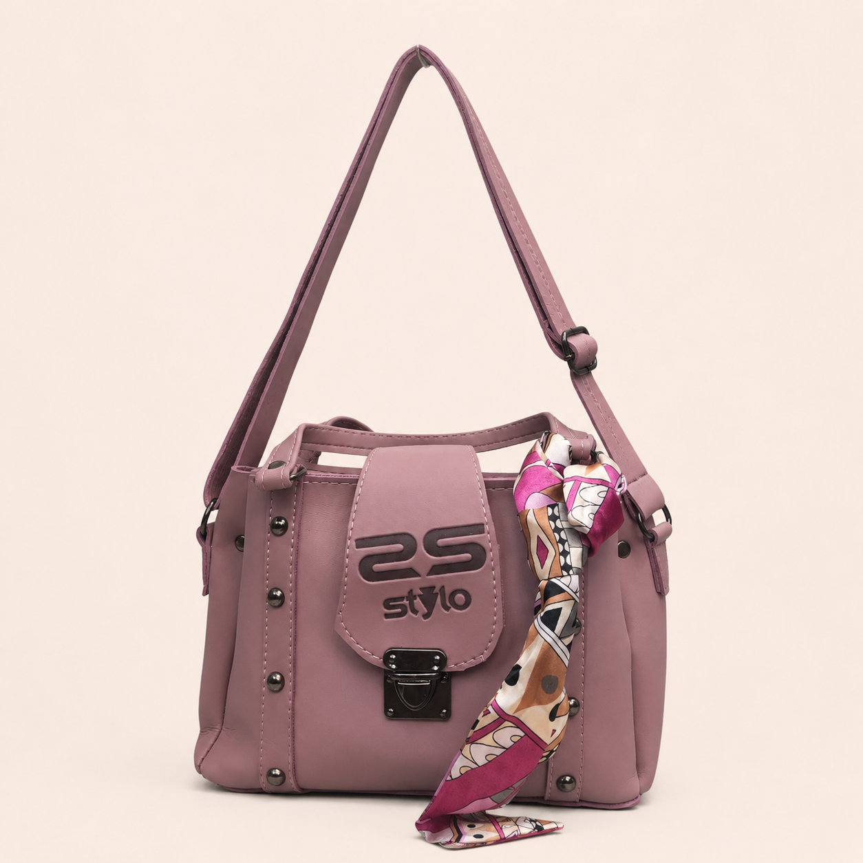 Elegant Pink Mini Shoulder Bag with Printed Silk Scarf for Women
