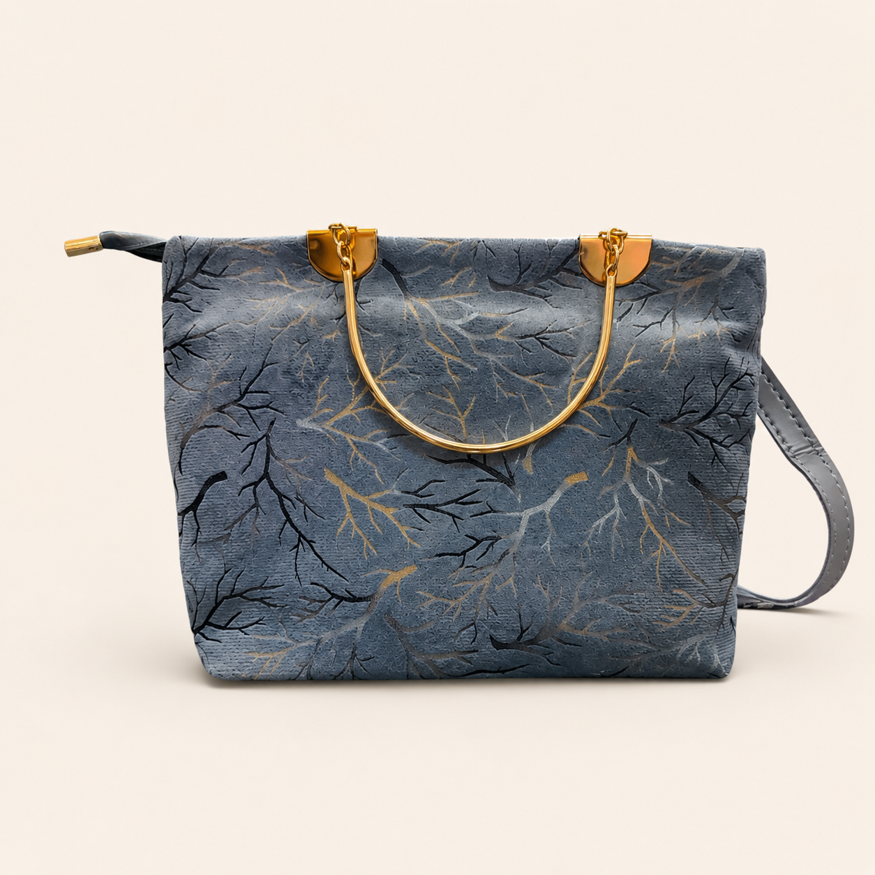 Luxury Blue Floral Tote Bag with Gold Handle & Shoulder Strap for Women