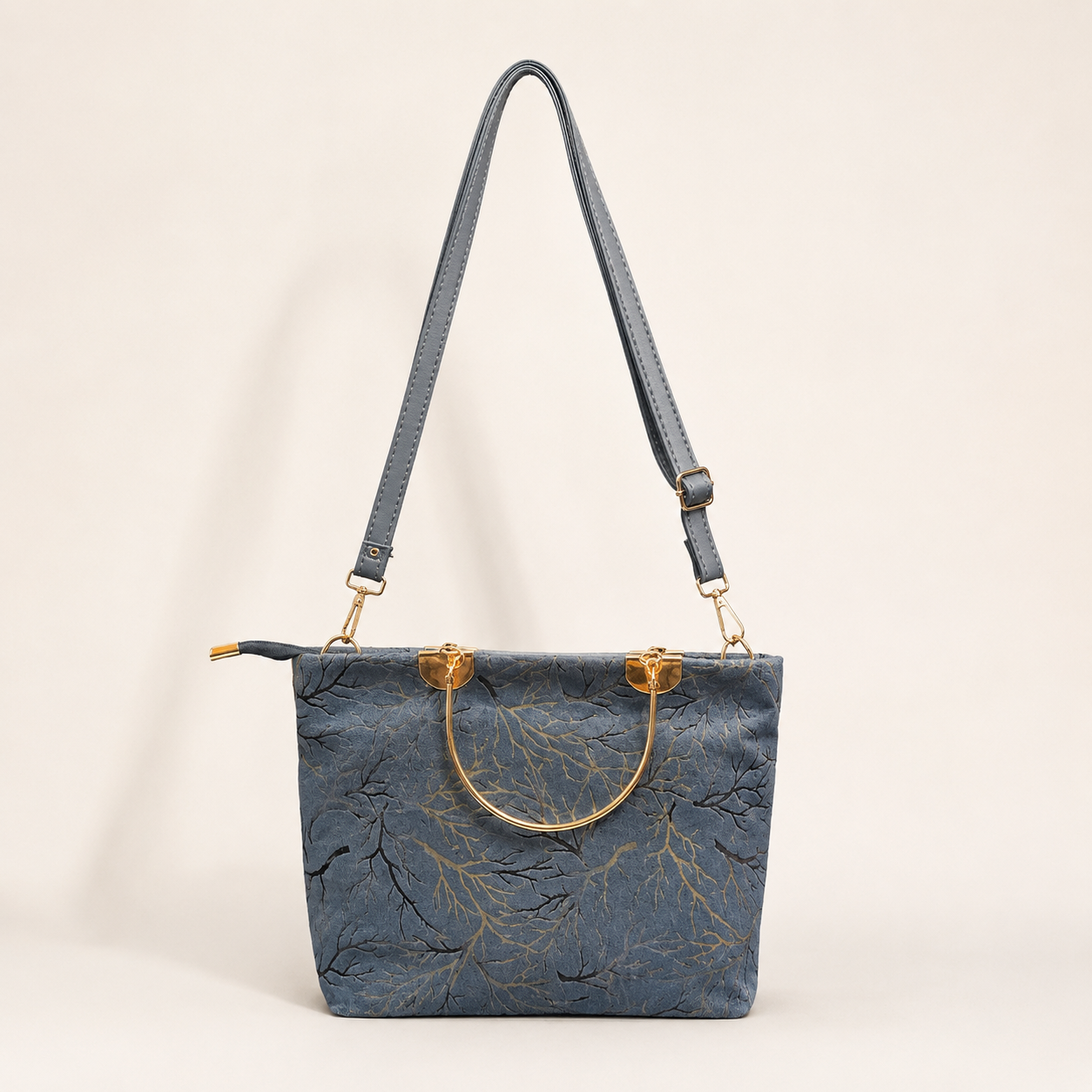 Luxury Blue Floral Tote Bag with Gold Handle & Shoulder Strap for Women
