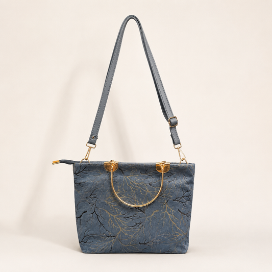 Luxury Blue Floral Tote Bag with Gold Handle & Shoulder Strap for Women