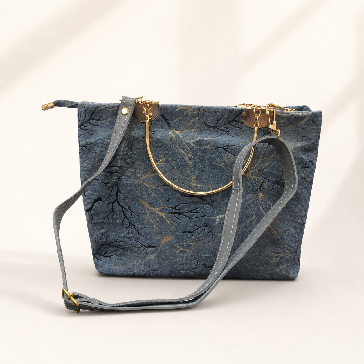 Luxury Blue Floral Tote Bag with Gold Handle & Shoulder Strap for Women