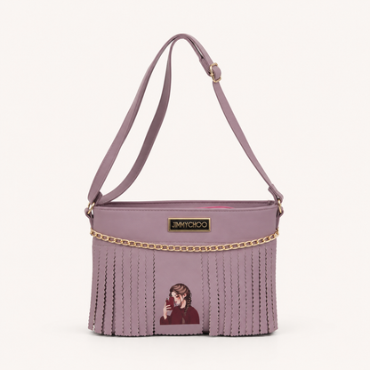 Stylish Lavender Fringe Shoulder Bag for Women | Trendy Crossbody Purse with Chain Detail