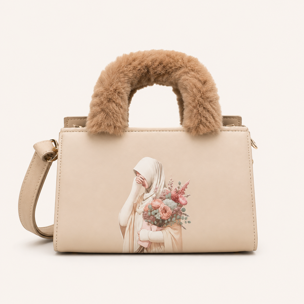 Cute Beige Fur Handle Bag
