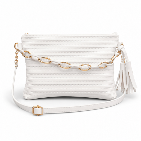 Elegant White Chain Shoulder Bag for Women – Luxury Tassel Crossbody Purse