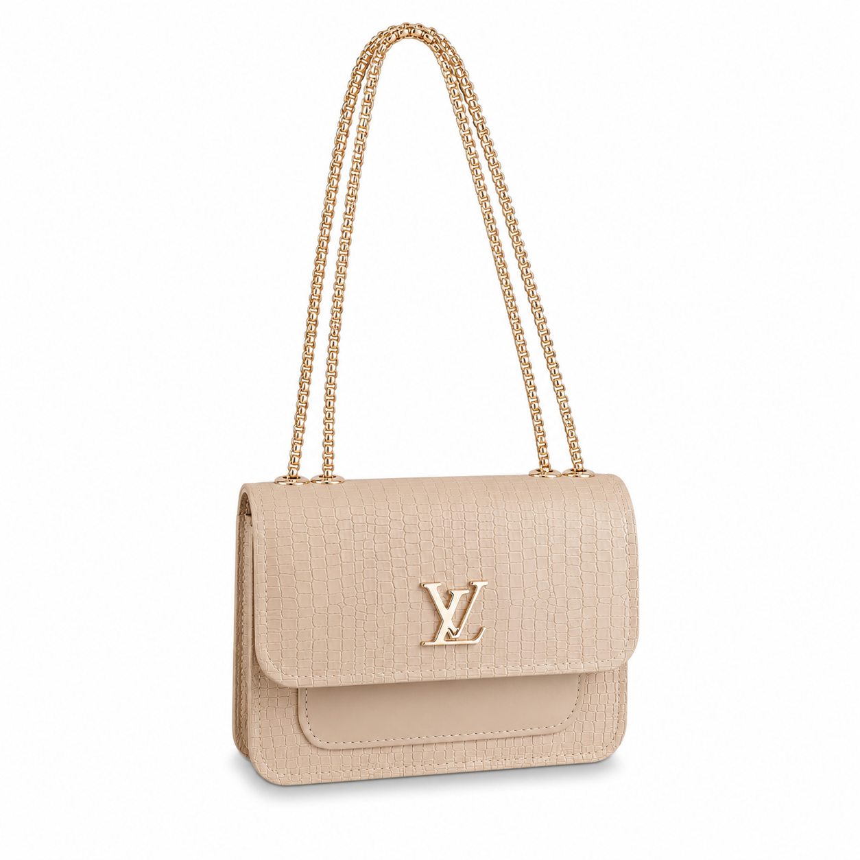 Luxury White Croc Texture Shoulder Bag with Gold Chain for Women